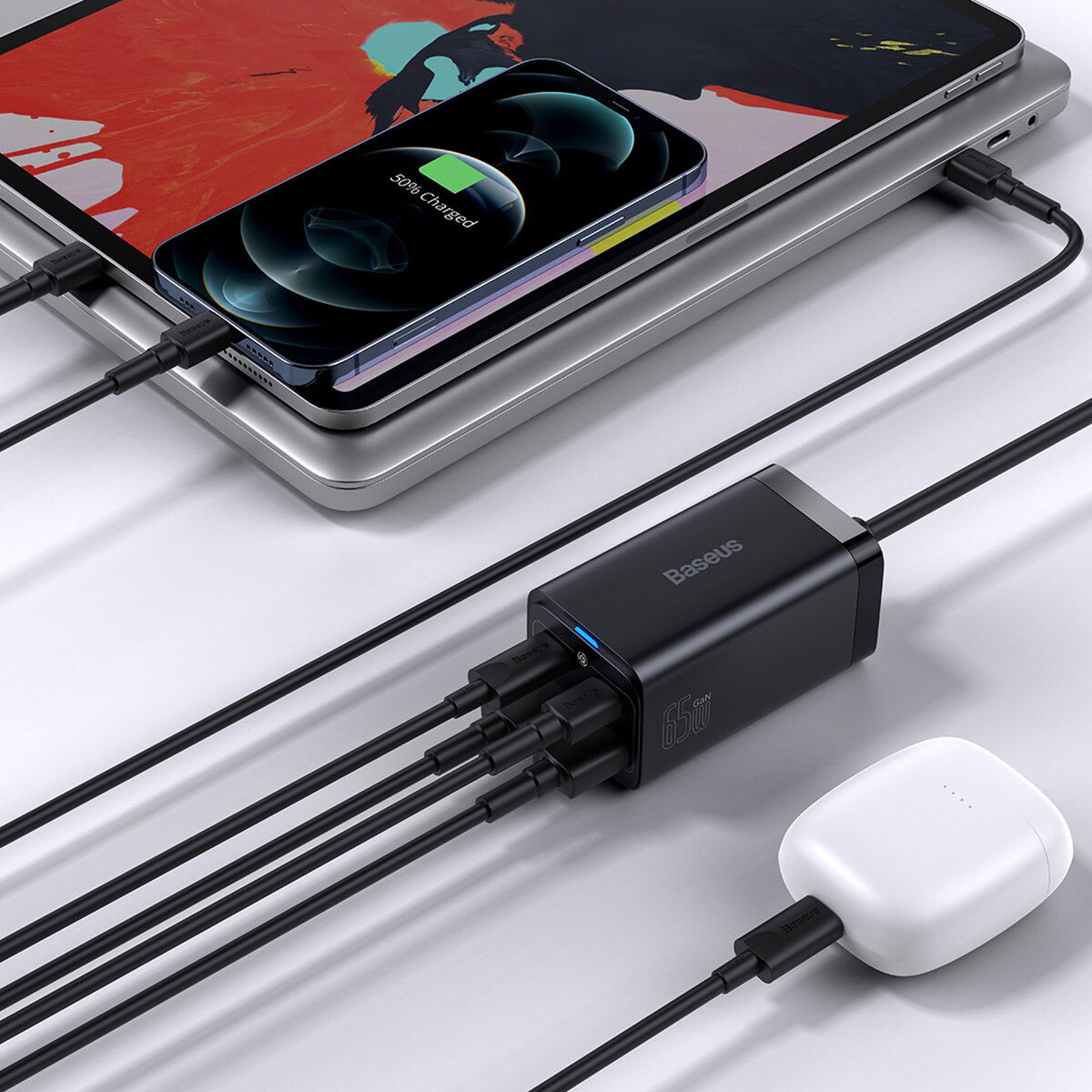 Кликните для увеличения изображения Сетевая зарядка Baseus GaN3 Pro Desktop Fast Charger CCGP040101 CCDK656E USB+USB+PD+PD Max 65W Black, изображение 9