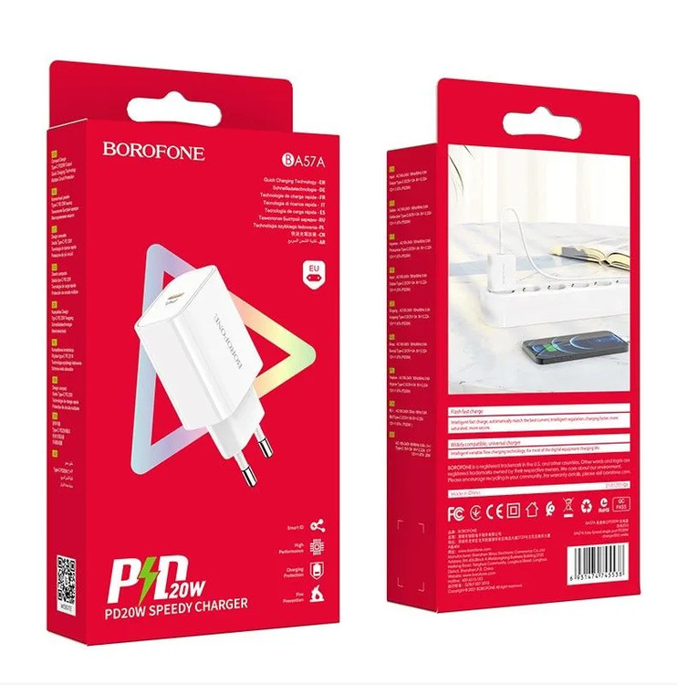 Сетевая зарядка Borofone BA57A PD3.0 Type-C порт 20W белая, изображение 3