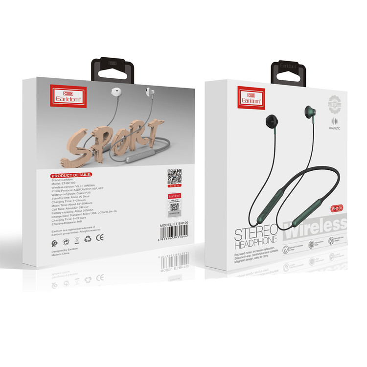 Кликните для увеличения изображения Наушники Bluetooth Earldom ET-BH100 Sport на шею вкладыши Green MicroUSB, изображение 2