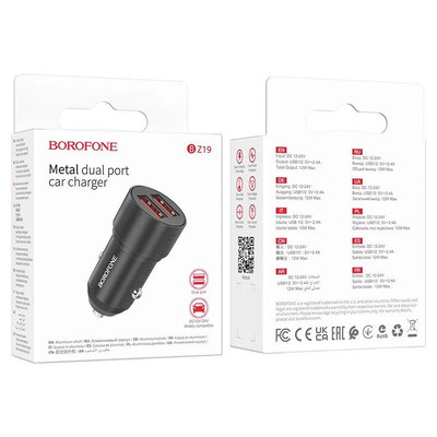 Авто зарядка Borofone BZ19 2xUSB 2.4A 12W черная, изображение 3