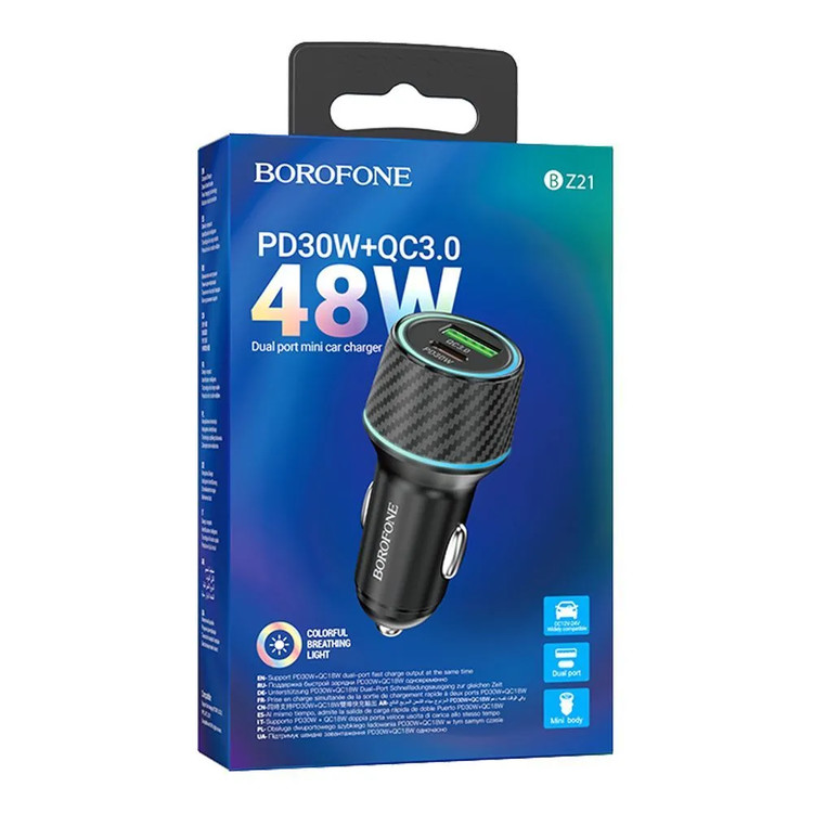 Кликните для увеличения изображения Авто зарядка Borofone BZ21 48W = PD 30W + USB 18W QC3.0 Black, изображение 3