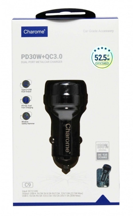 Кликните для увеличения изображения Авто зарядка Charome C9 Zinc Car PD 30W + USB 22.5W = 52.5W черная, изображение 2