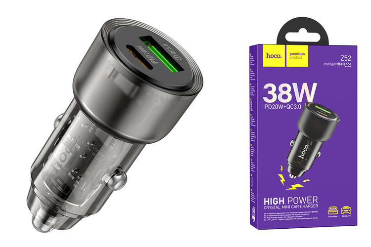 Кликните для увеличения изображения Авто зарядка Hoco Z52 38W = PD 20W + USB 18W QC3.0 Black, изображение 2