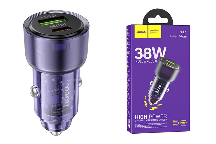 Кликните для увеличения изображения Авто зарядка Hoco Z52 38W = PD 20W + USB 18W QC3.0 Purple, изображение 2