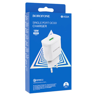 Сетевая зарядка Borofone BA59A USB QC3.0 3A 18W белая, изображение 3