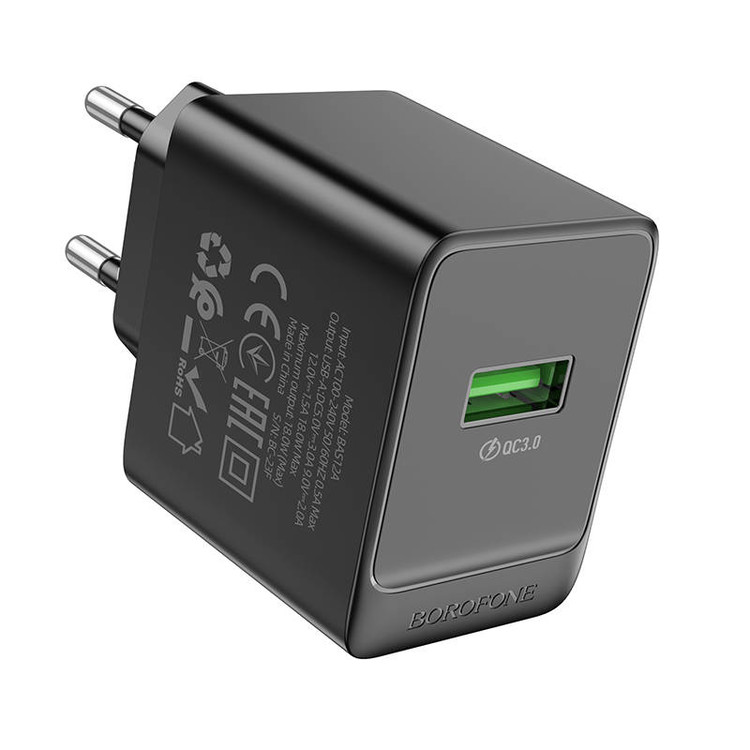 Кликните для увеличения изображения Сетевая зарядка Borofone BAS12A USB QC3.0 18W 3A черная, изображение 2