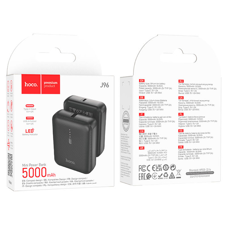 Power Bank 5000 мАч Hoco J96 Strider Power Bank Black USB-выход Type-C-вход 5V-2A, изображение 3