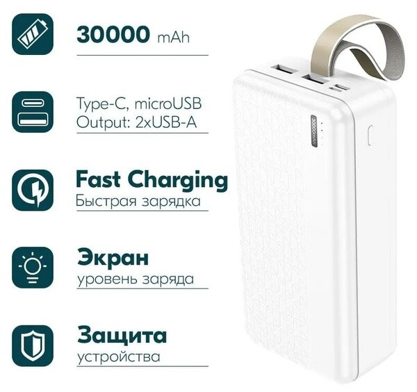 Power Bank 30000 мАч Hoco J95B белый 2xUSB input Type-C + Micro, изображение 2