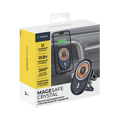 Авто-держатель Deppa MageSafe Crystal QICR10C MagSafe зарядка 15W Qi стекло, катушка Black, изображение 3