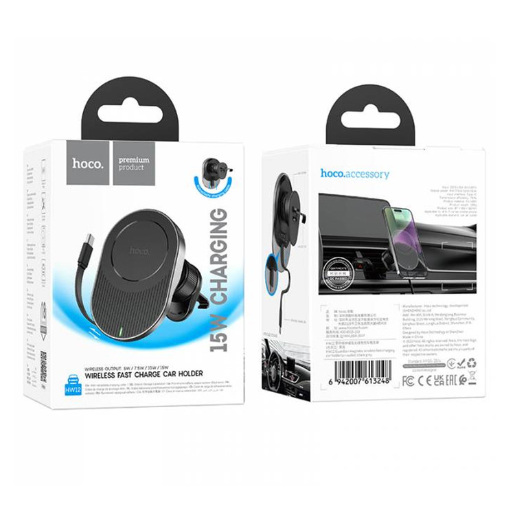 Кликните для увеличения изображения Авто-держатель Hoco HW12 Guardian MagSafe зарядка 15W крюк в воздуховод Black Gray, изображение 4