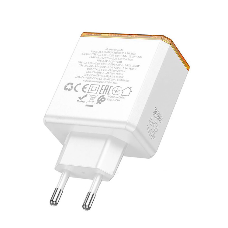 Кликните для увеличения изображения Сетевая зарядка Borofone BAS34A USB-A + 2 USB-C Max 65W White, изображение 3