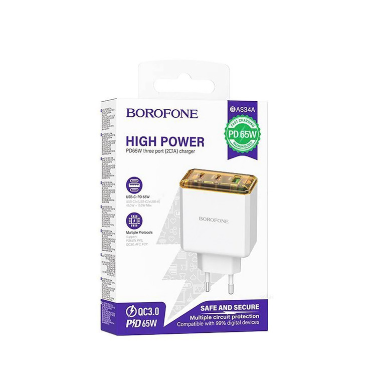 Кликните для увеличения изображения Сетевая зарядка Borofone BAS34A USB-A + 2 USB-C Max 65W White, изображение 4