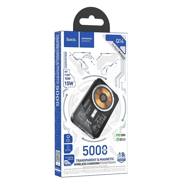 Кликните для увеличения изображения Power Bank 5000 мАч Hoco Q14 Ice Crystal PD20W Magnetic Wireless MagSafe 20W Black, изображение 3