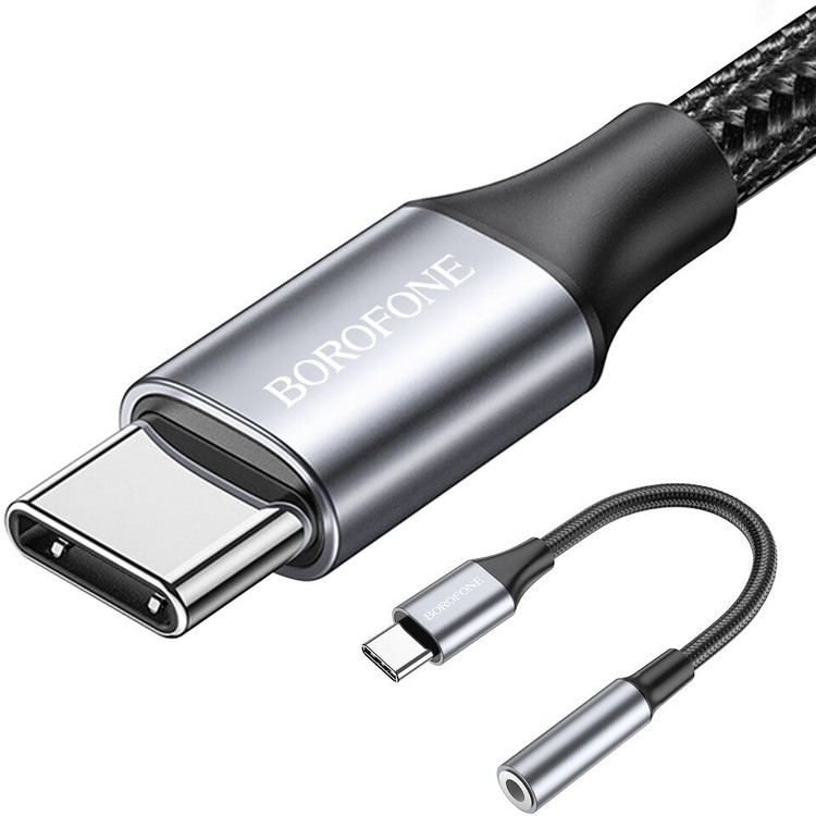 Кликните для увеличения изображения Переходник Type-C штекер ---> гнездо AUX 3.5мм Borofone BV16 Metal Gray Mic + Control, изображение 2