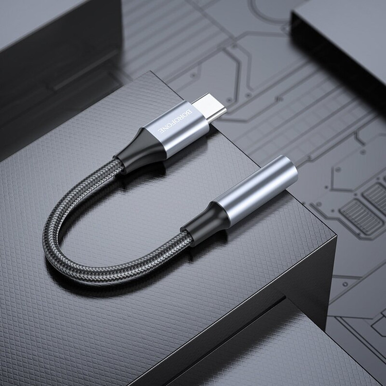 Кликните для увеличения изображения Переходник Type-C штекер ---> гнездо AUX 3.5мм Borofone BV16 Metal Gray Mic + Control, изображение 3