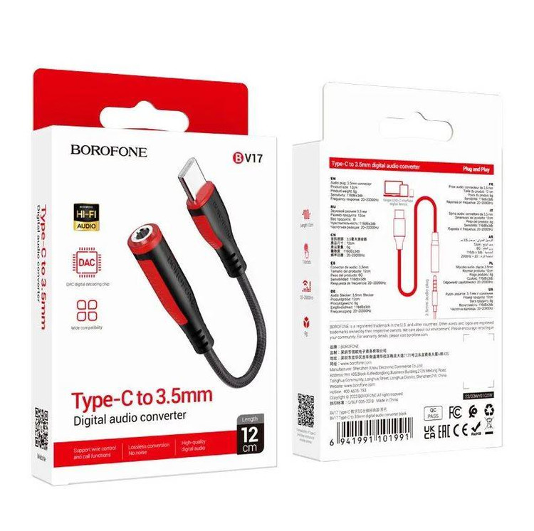 Переходник Type-C штекер ---> гнездо AUX 3.5мм Borofone BV17 Black Red Mic + Control, изображение 2