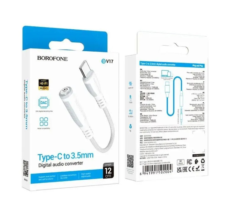 Переходник Type-C штекер ---> гнездо AUX 3.5мм Borofone BV17 White Mic + Control, изображение 4
