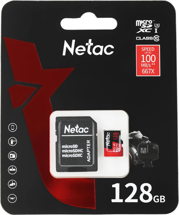 Кликните для увеличения изображения Карта памяти MicroSD 128Gb Class 10 Netac P500 Extreme Pro U3 A1 V30 +адаптер NT02P500PRO-128G-R, изображение 2