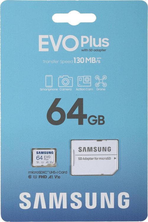 Кликните для увеличения изображения Карта памяти MicroSD 64Gb Class 10 Samsung EVO Plus MB-MC64KA/EU + SD адаптер U1 UHS-1 130Mb/s, изображение 4