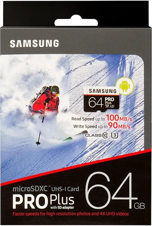Кликните для увеличения изображения Карта памяти MicroSD 64Gb Class 10 Samsung PRO Plus MB-MD64GA/RU + SD адаптер UHS-1 U3 100Mb/s, изображение 3