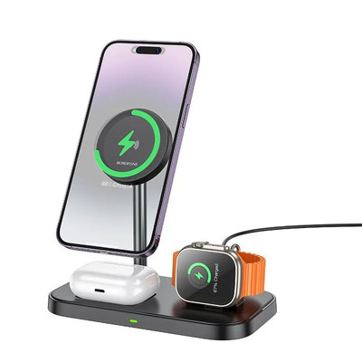 Wireless Charger Borofone BQ29 Feliz 3-in-1 iPhone AirPods iWatch 15W Black, изображение 3