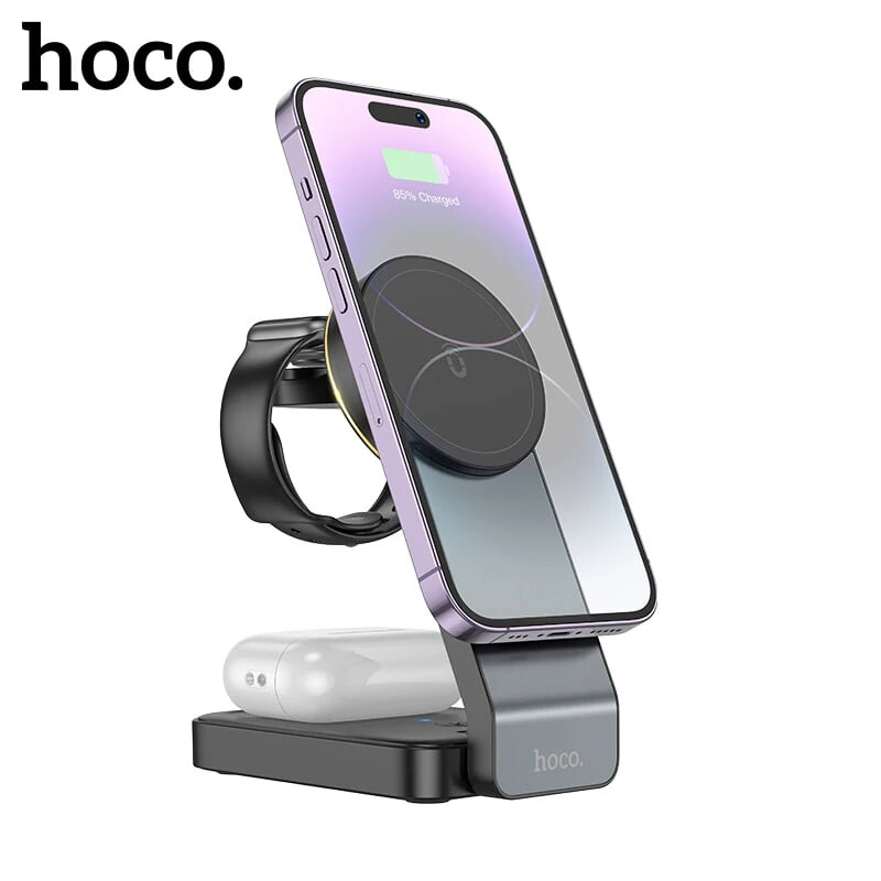 Кликните для увеличения изображения Wireless Charger Hoco CQ3 Motorcycle folding 3-in-1 MagSafe iPhone AirPods iWatch 15W Black, изображение 7