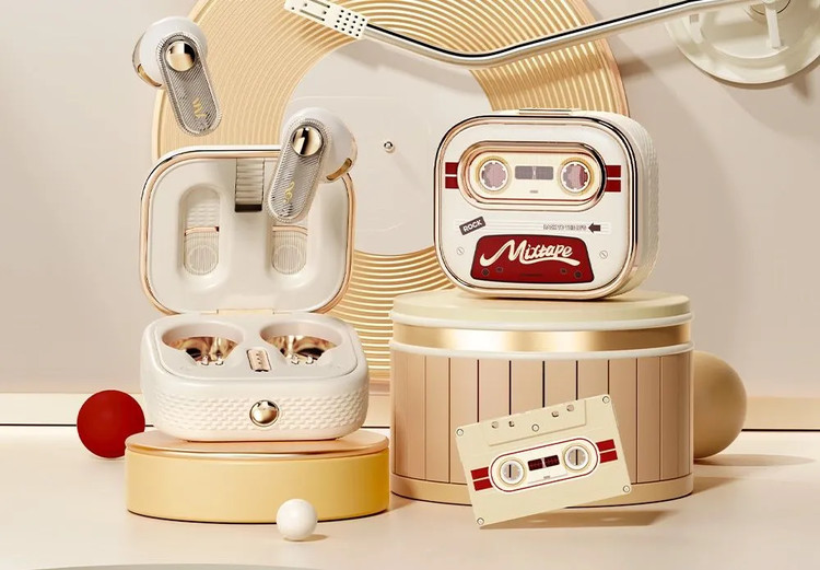 Кликните для увеличения изображения Наушники Bluetooth Rock Retro Mix Tape TWS Earphone (ANC) Beige, Type-C, изображение 2