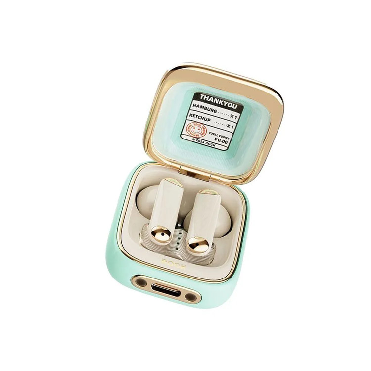Кликните для увеличения изображения Наушники Bluetooth Rock Retro Style TWS Earphone Hamburger (ANC) Beige, Type-C, изображение 2
