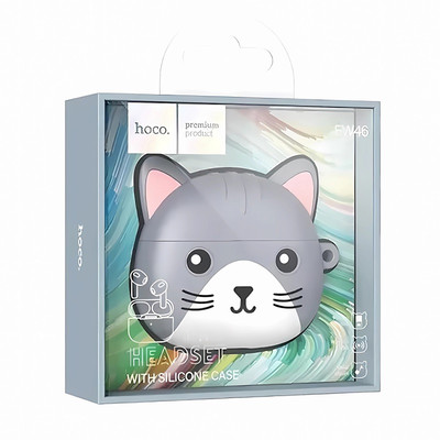 Наушники Bluetooth Hoco EW46 Misterious Cat Gray Case + белые вкладыши, Lightning, изображение 2