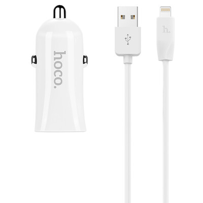 Авто зарядка c кабелем Lightning Hoco Z12 2.4A 2 USB белая