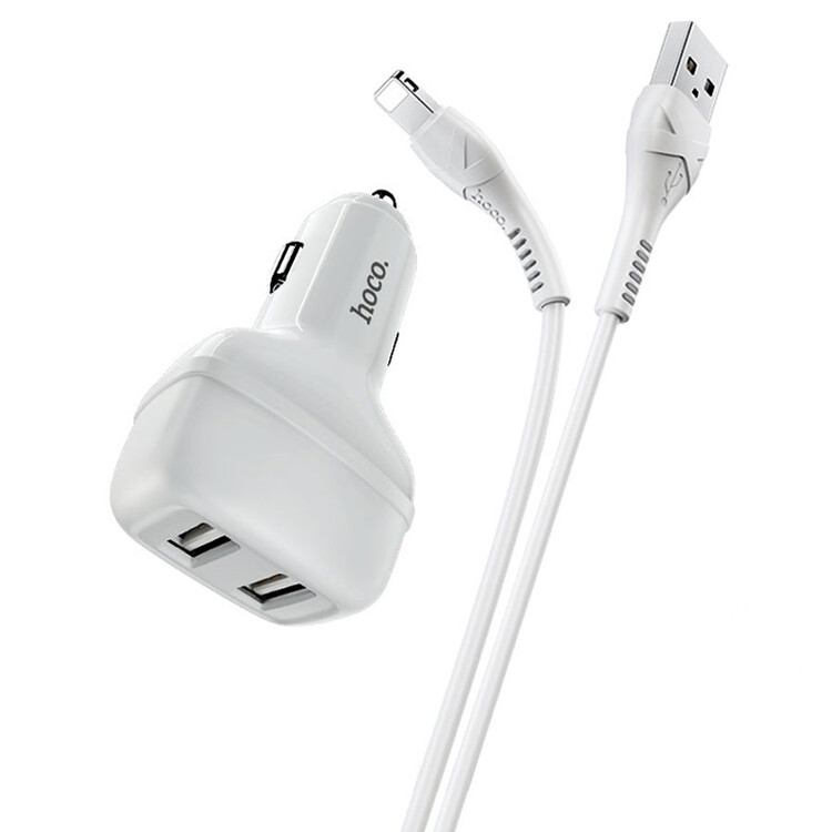 Кликните для увеличения изображения Авто зарядка c кабелем Hoco Z36 Lightning 2.4A 2 USB белая, изображение 2