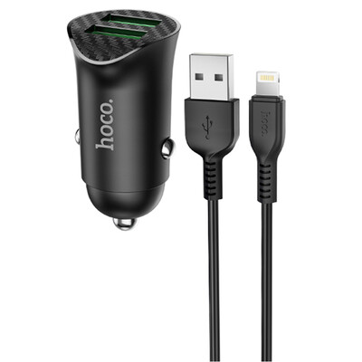 Авто зарядка c кабелем Lightning Hoco Z39 18W 3A QC3.0 2 USB черная