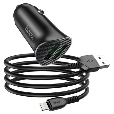 Авто зарядка c кабелем Lightning Hoco Z39 18W 3A QC3.0 2 USB черная, изображение 2