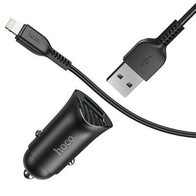 Авто зарядка c кабелем Lightning Hoco Z39 18W 3A QC3.0 2 USB черная, изображение 3
