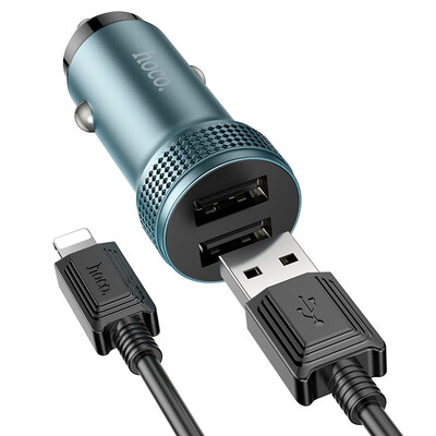 Авто зарядка c кабелем Lightning Hoco Z49 12W 2.4A 2 USB Metal Gray