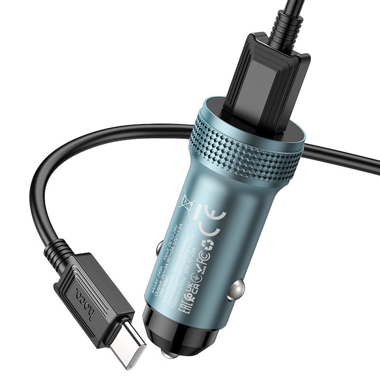 Кликните для увеличения изображения Авто зарядка c кабелем Type-C Hoco Z49A 1 USB 3A 18W Max QC3.0 Metal Gray, изображение 2