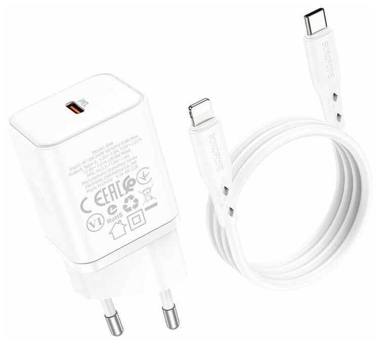 Сетевая зарядка с кабелем Lightning - Type-C Borofone BN6 PD 20W белая, изображение 3