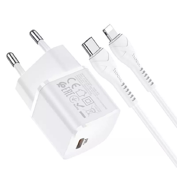Сетевая зарядка с кабелем Lightning - Type-C Hoco N10 PD 20W белая, изображение 2