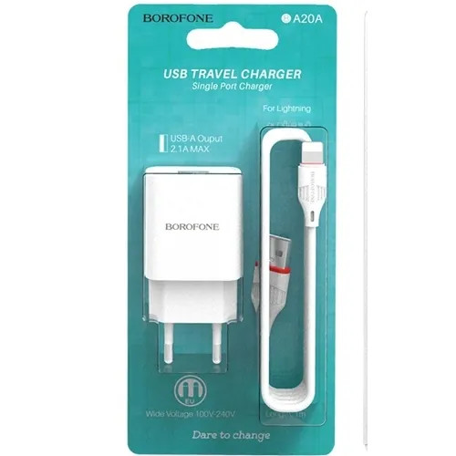 Сетевая зарядка с кабелем Lightning Borofone BA20A 2.1А белая, изображение 2