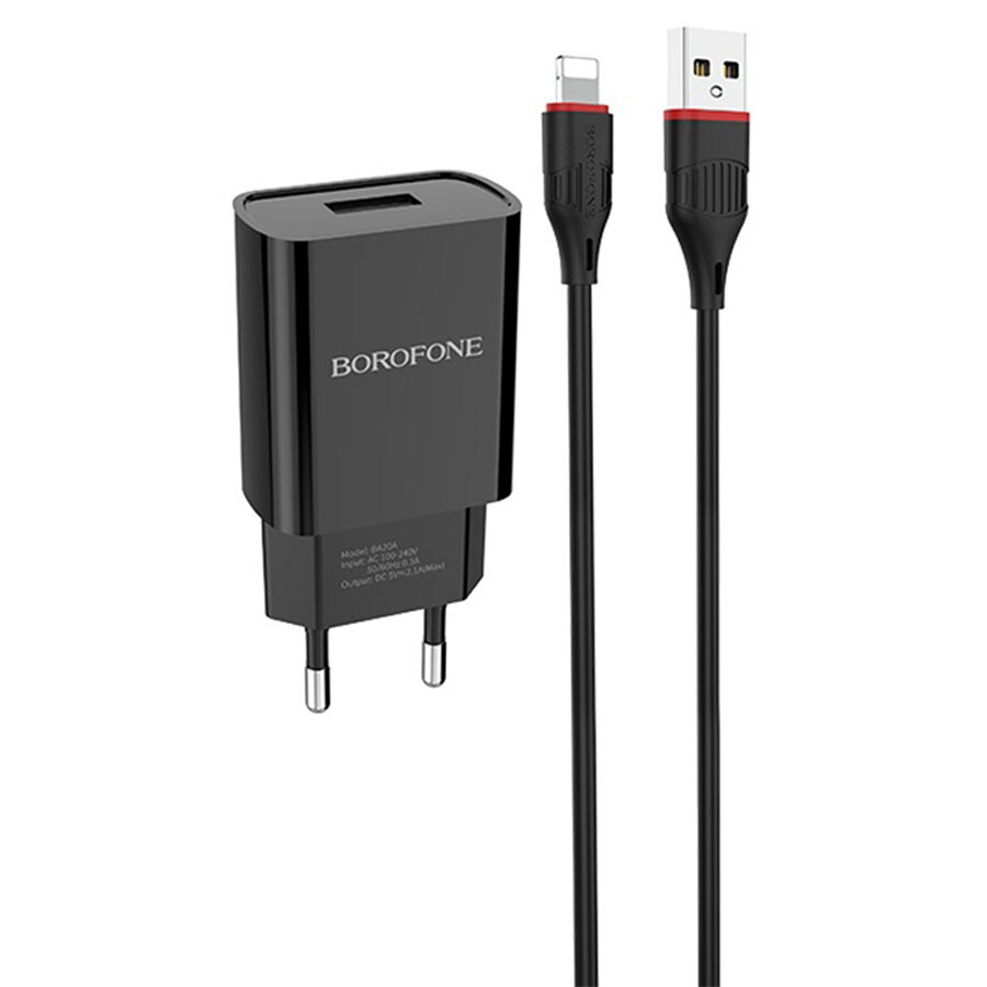 Сетевая зарядка с кабелем Lightning Borofone BA20A 2.1А черный, изображение 2