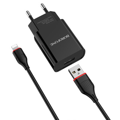 Сетевая зарядка с кабелем Lightning Borofone BA20A 2.1А черный, изображение 3
