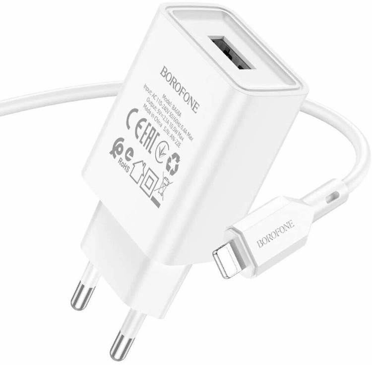 Кликните для увеличения изображения Сетевая зарядка с кабелем Lightning Borofone BA68A 2.1А белая, изображение 2
