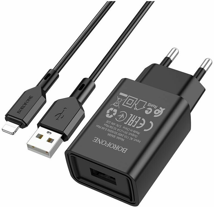 Кликните для увеличения изображения Сетевая зарядка с кабелем Lightning Borofone BA68A 2.1А черная, изображение 2