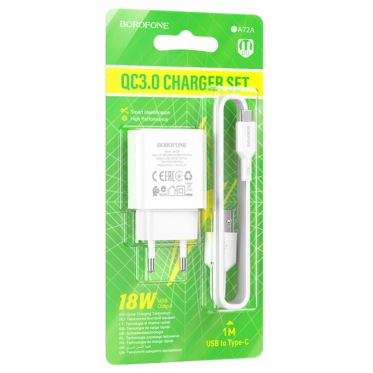 Кликните для увеличения изображения Сетевая зарядка с кабелем Type-C Borofone BA72A Spring 18W QC3.0 белая, изображение 4