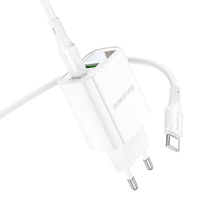 Сетевая зарядка Borofone BA78A PD 20W | USB QC3.0 18W белая + дисплей + кабель Type-C PD, изображение 3