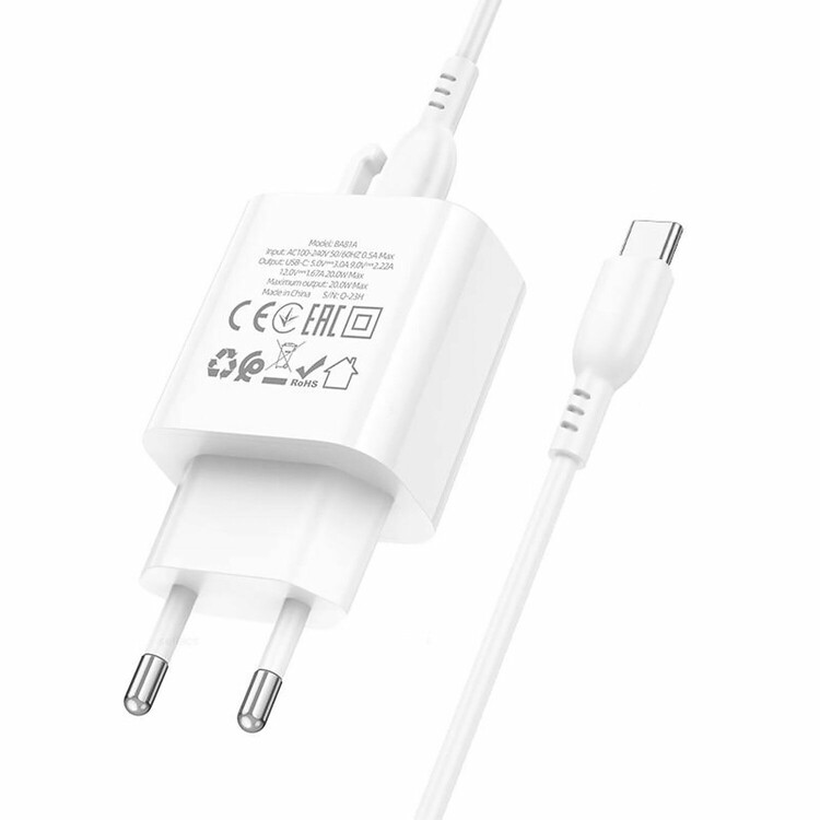 Сетевая зарядка Borofone BA81A Type-C порт 20W White + кабель Type-C PD, изображение 2