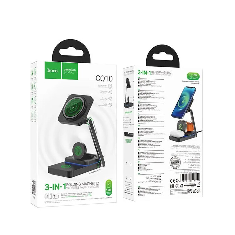 Кликните для увеличения изображения Настольная зарядка Hoco CQ10 Consuelo 3-in-1 iPhone AirPods iWatch 15W Black, изображение 3