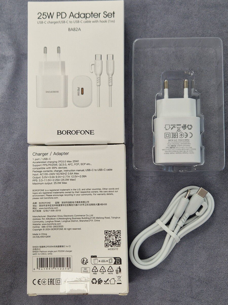 Кликните для увеличения изображения Сетевая зарядка Borofone BA82A Platinum Type-C порт 25W White + кабель Type-C PD, изображение 6