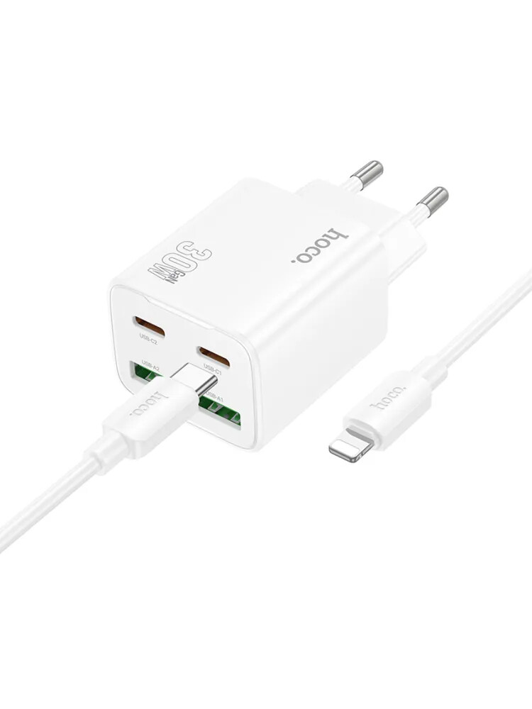 Кликните для увеличения изображения Сетевая зарядка с кабелем Lightning Hoco N56 Fundador 2xType-C+2xUSB 30W +кабель Lightning USB-C, изображение 2