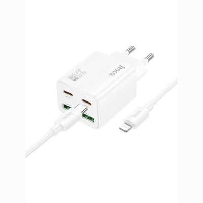 Сетевая зарядка с кабелем Lightning Hoco N56 Fundador 2xType-C+2xUSB 30W +кабель Lightning USB-C, изображение 2